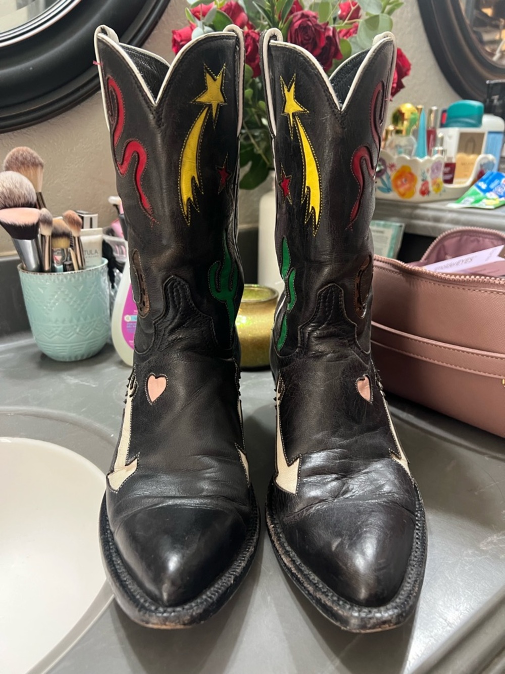 Lucchese Black Howdy Yall Boots with Multicolor TX themed accents